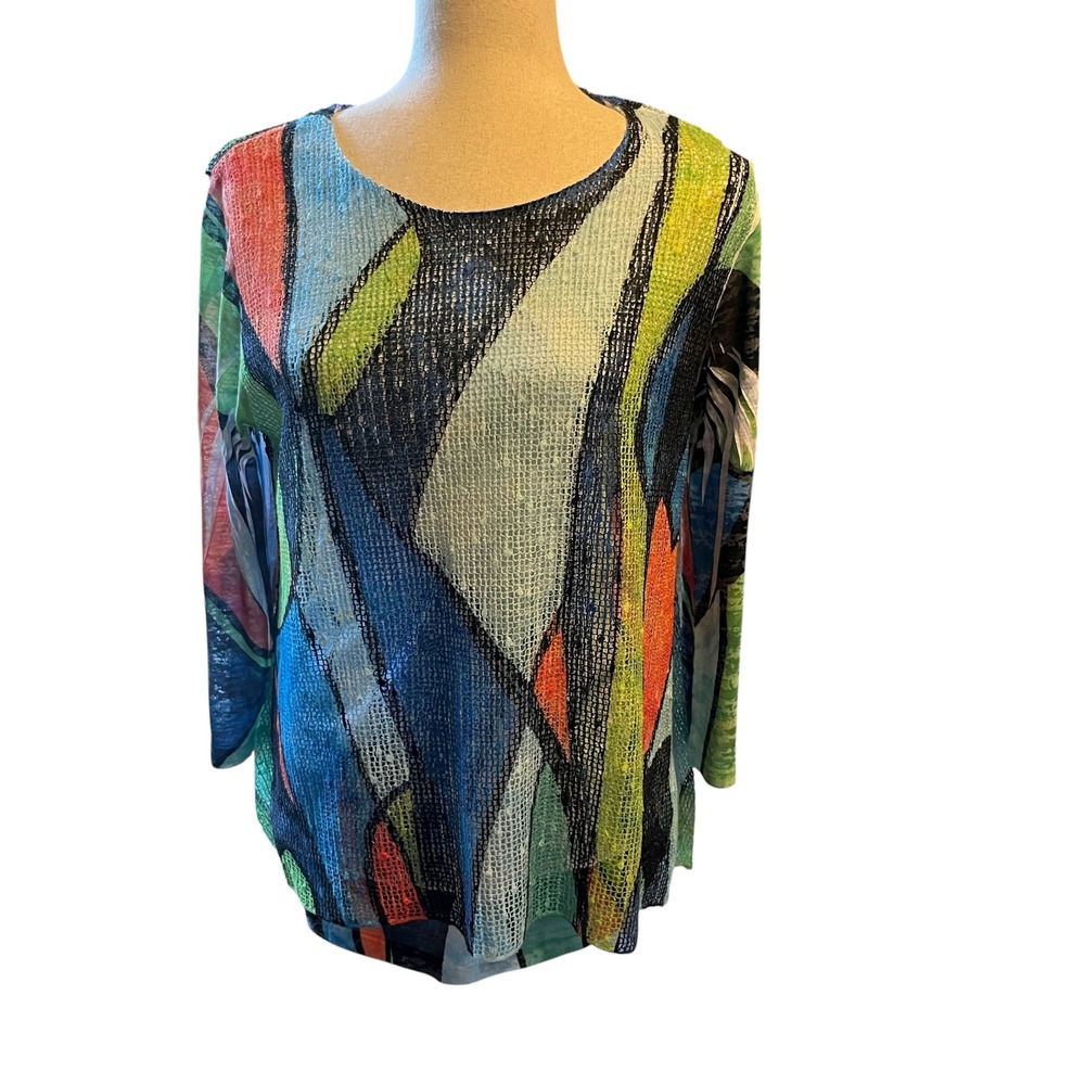 Jess & Jane Abstract Mesh Top Womens Medium Multi Color Art To Wear Lagenlook